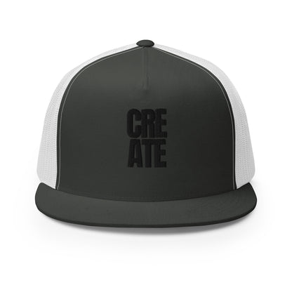 A stylish black and white 5-panel trucker cap with the word "CREATE" boldly displayed on the front, featuring a mesh back for ventilation and an adjustable snapback for a personalized fit, designed for the artist in everyone.