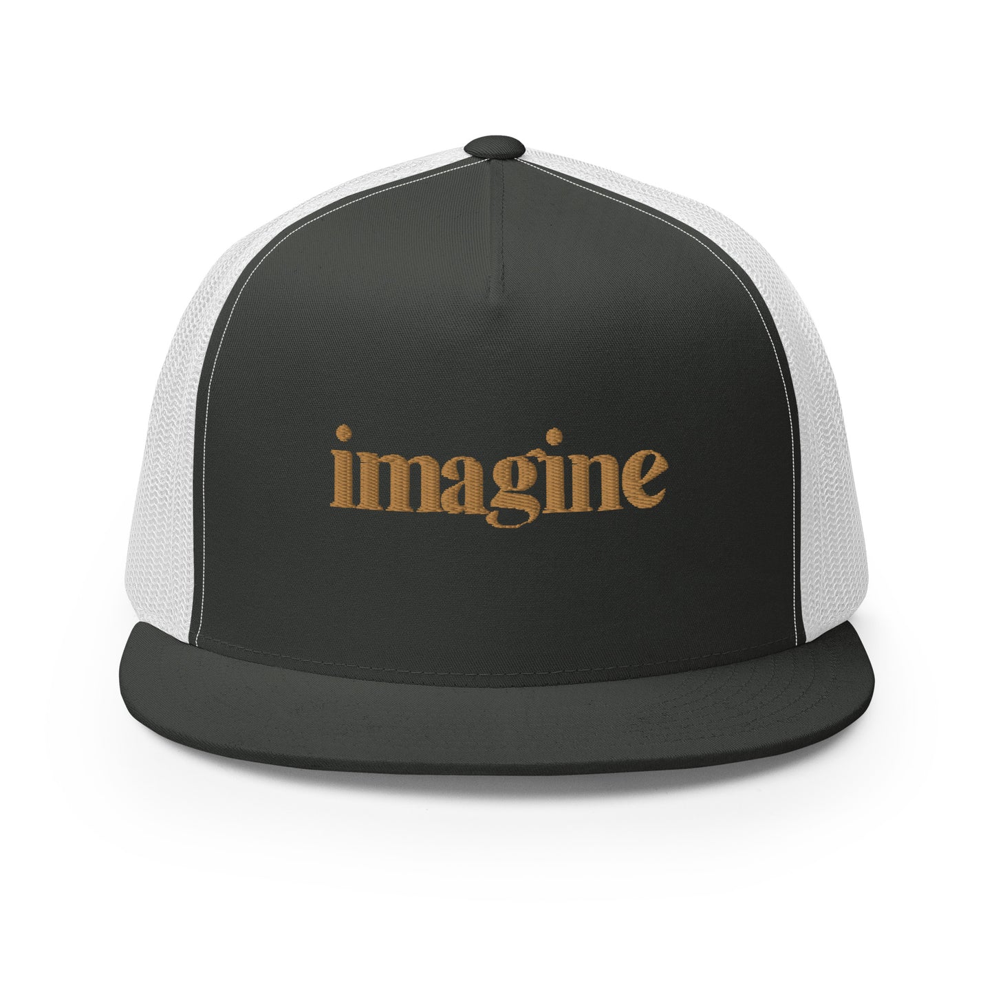 A sleek black and white  5-panel trucker cap with "imagine" elegantly scripted in gold on the front, featuring a breathable mesh back and a customizable snapback closure, perfect for creatives and thinkers alike.