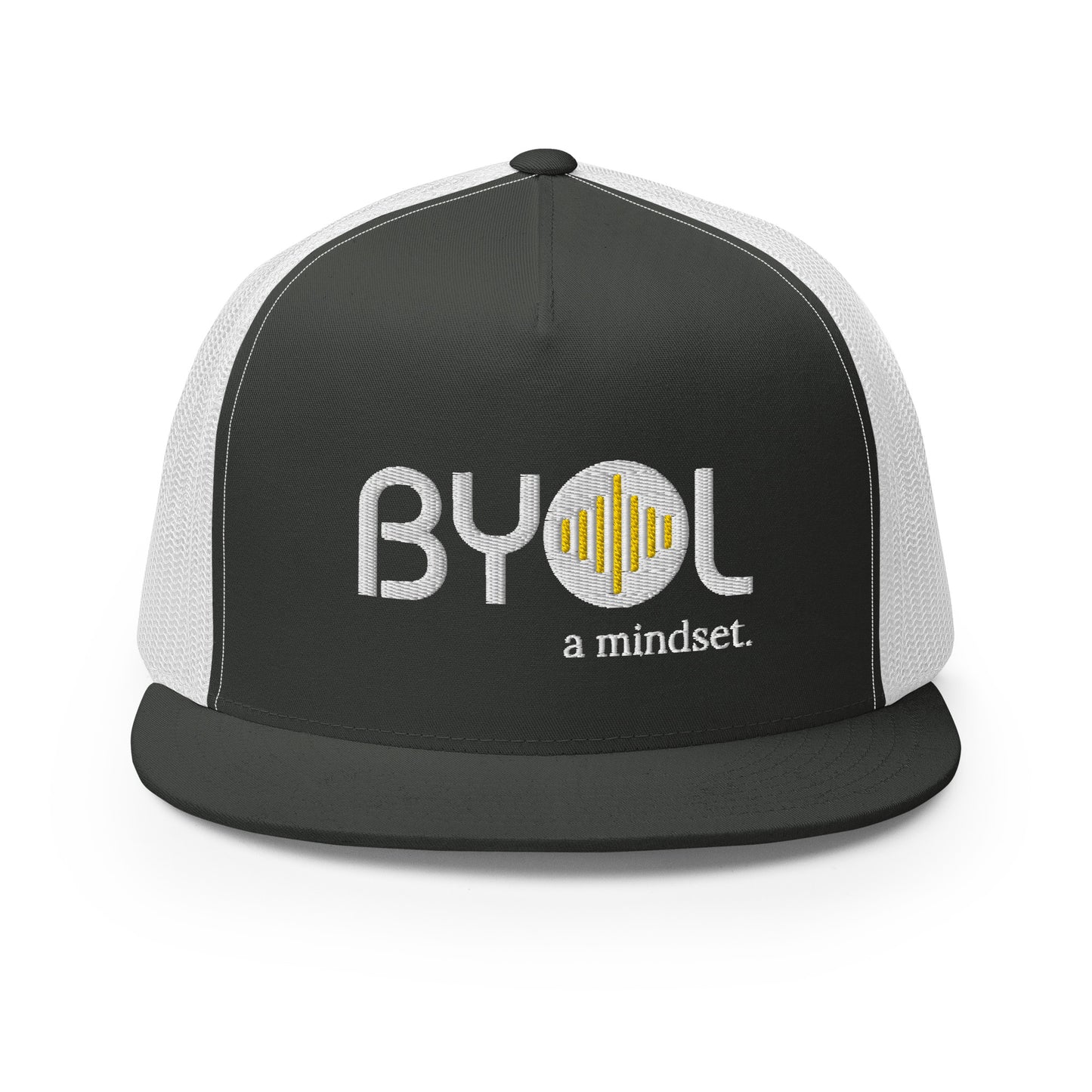 Grey and White 5-panel trucker hat with "BYOL a mindset" embroidered on the front in white and yellow, displayed against a clean background. Available in various colors: gray, maroon, white and blue, blue, and teal.