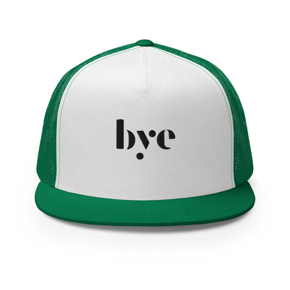 A white and green snapback hat featuring a mesh back for breathability and a solid front panel with the lowercase letters "b.y.o" stylized and embroidered in a dark, contrasting shade. The cap has a flat brim and appears to be adjustable, suitable for a casual, stylish look.