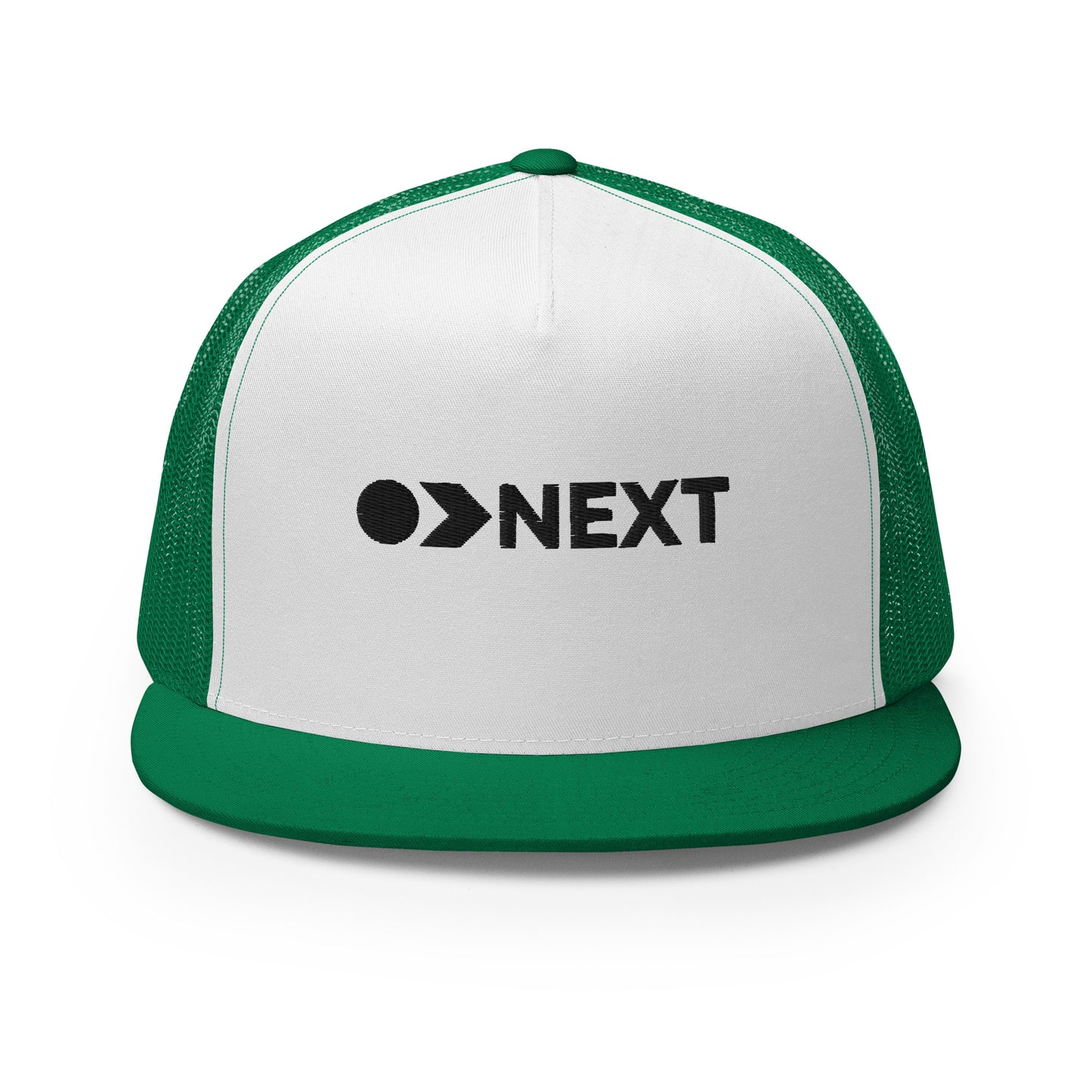 A white and green 5-panel trucker cap with a dark, embossed "NEXT" logo on the front, featuring a breathable mesh back and a flat bill, designed for trendsetters and go-getters.