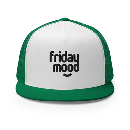 A white and green 5-panel trucker cap with a subtle "friday mood" phrase on the front panel, featuring a comfortable mesh back and a stylish flat bill, designed for those who love to express their laid-back weekend vibe.