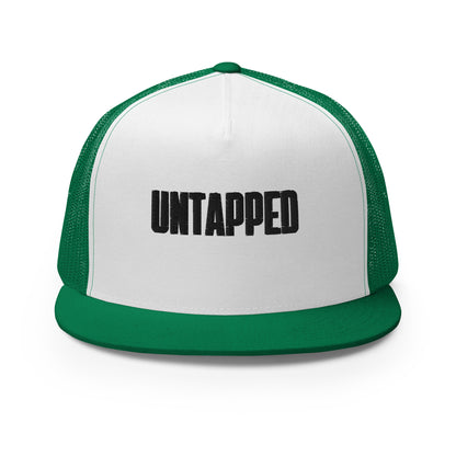 A sophisticated white and green 5-panel trucker cap with embossed "UNTAPPED" lettering on the front, featuring a mesh back for breathability and an adjustable snapback closure for the perfect fit.