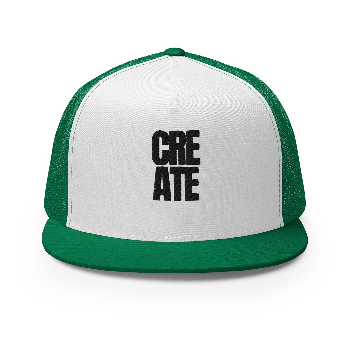 A stylish white and green 5-panel trucker cap with the word "CREATE" boldly displayed on the front, featuring a mesh back for ventilation and an adjustable snapback for a personalized fit, designed for the artist in everyone.