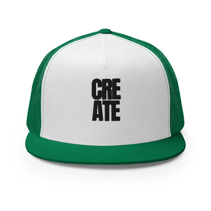 A stylish white and green 5-panel trucker cap with the word "CREATE" boldly displayed on the front, featuring a mesh back for ventilation and an adjustable snapback for a personalized fit, designed for the artist in everyone.