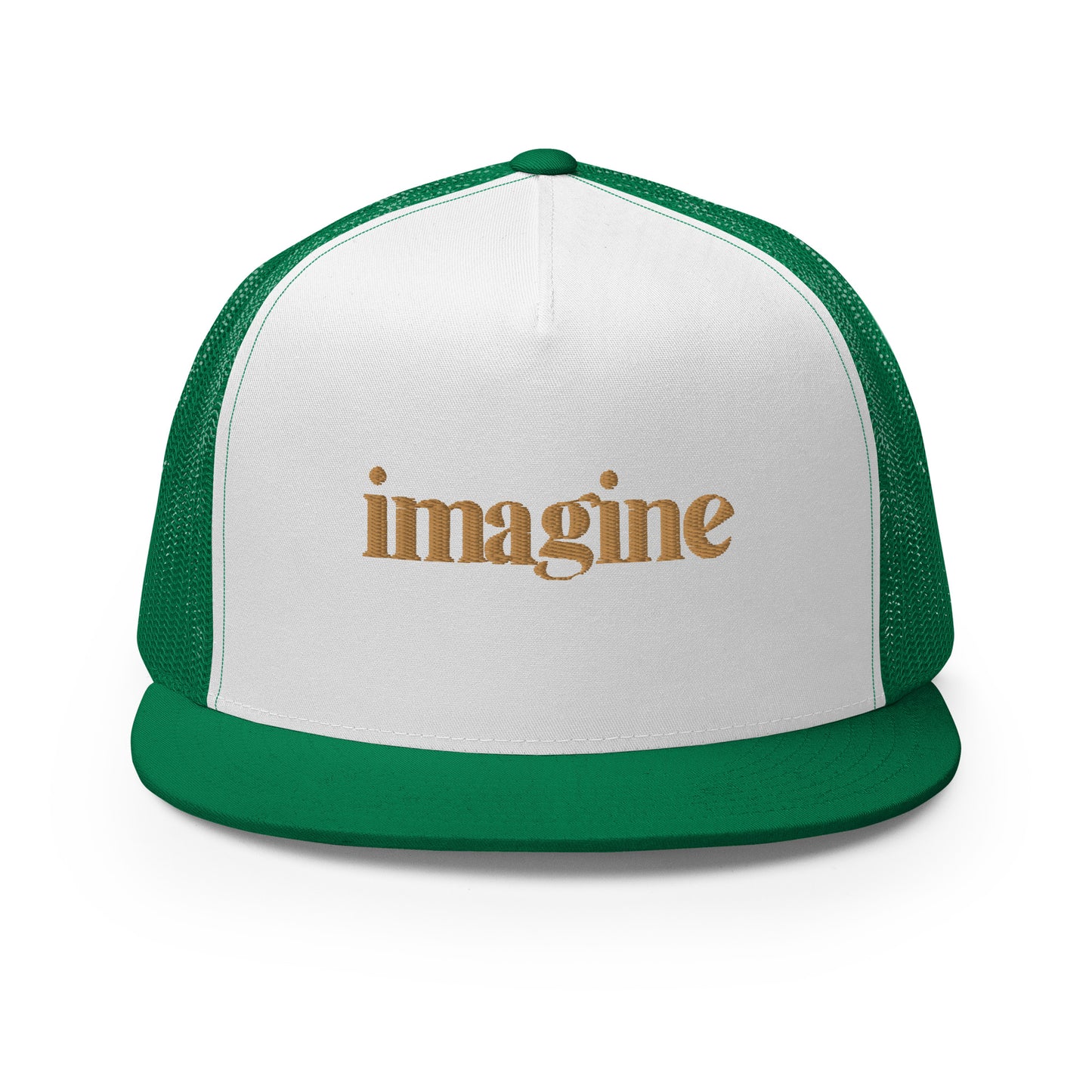 A sleek white and green 5-panel trucker cap with "imagine" elegantly scripted in gold on the front, featuring a breathable mesh back and a customizable snapback closure, perfect for creatives and thinkers alike.