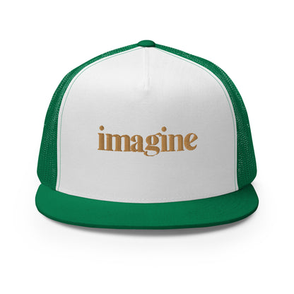 A sleek white and green 5-panel trucker cap with "imagine" elegantly scripted in gold on the front, featuring a breathable mesh back and a customizable snapback closure, perfect for creatives and thinkers alike.