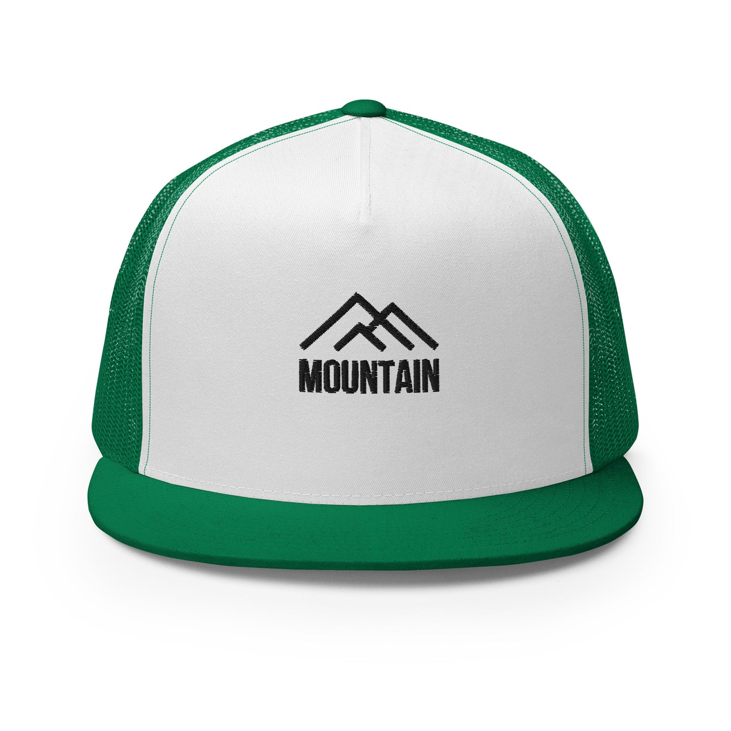 A dark white and green 5-panel trucker cap featuring a subtle mountain silhouette with the word "MOUNTAIN" below it, complete with a mesh back and an adjustable snapback, perfect for outdoor enthusiasts and adventurers.