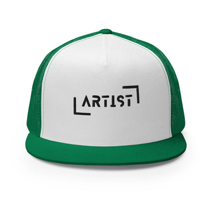 A sophisticated white and red 5-panel trucker cap with the word "ARTIST" embossed on the front, featuring a mesh back and an adjustable snapback closure, ideal for artists and creative minds who love to showcase their identity.