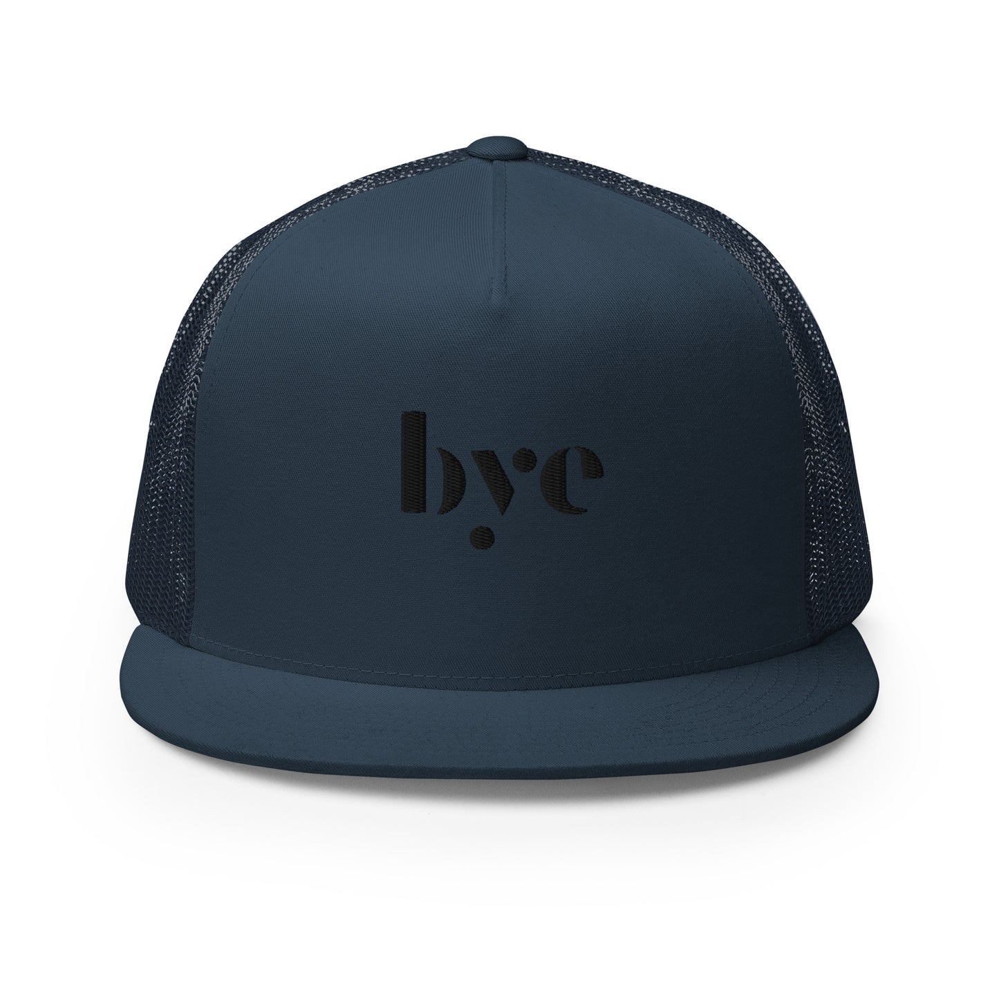 A navy blue snapback hat featuring a mesh back for breathability and a solid front panel with the lowercase letters "b.y.o" stylized and embroidered in a dark, contrasting shade. The cap has a flat brim and appears to be adjustable, suitable for a casual, stylish look.