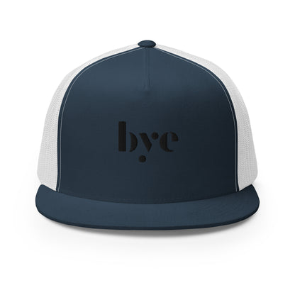 A navy blue and white snapback hat featuring a mesh back for breathability and a solid front panel with the lowercase letters "b.y.o" stylized and embroidered in a dark, contrasting shade. The cap has a flat brim and appears to be adjustable, suitable for a casual, stylish look.