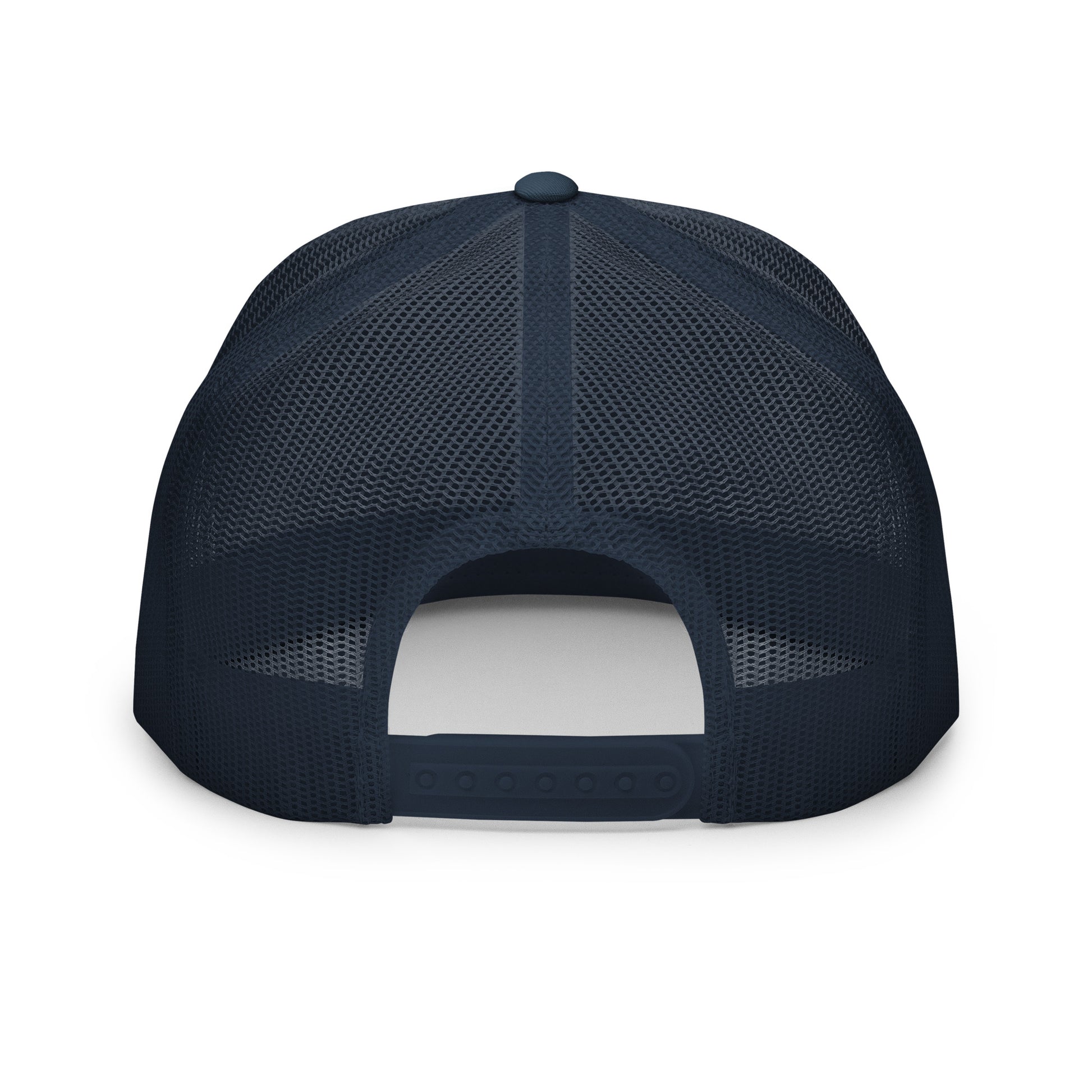 The back view of a navy blue mesh trucker cap with an adjustable snapback closure, showcasing its breathable design and sturdy structure, ideal for a comfortable and secure fit.