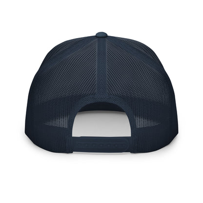 The back view of a navy blue mesh trucker cap with an adjustable snapback closure, showcasing its breathable design and sturdy structure, ideal for a comfortable and secure fit.