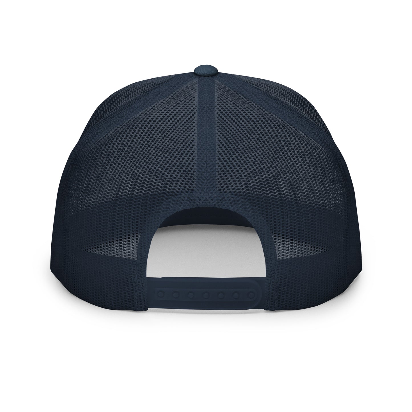 The back view of a blue mesh trucker cap with an adjustable snapback closure, showcasing its breathable design and sturdy structure, ideal for a comfortable and secure fit.