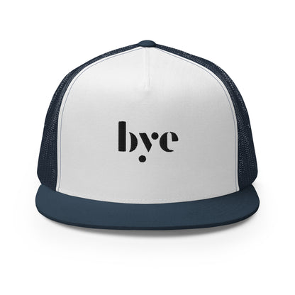 A white and blue snapback hat featuring a mesh back for breathability and a solid front panel with the lowercase letters "b.y.o" stylized and embroidered in a dark, contrasting shade. The cap has a flat brim and appears to be adjustable, suitable for a casual, stylish look.