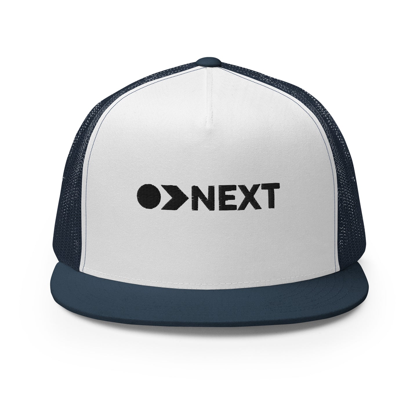 A white and blue 5-panel trucker cap with a dark, embossed "NEXT" logo on the front, featuring a breathable mesh back and a flat bill, designed for trendsetters and go-getters.