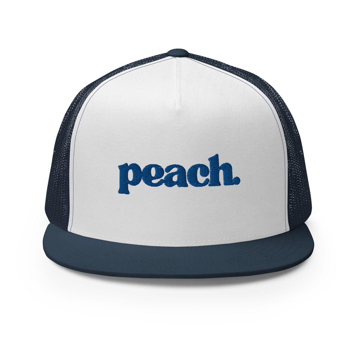 A white and navy blue 5-panel trucker cap with "peach" written in striking blue script across the front, featuring breathable mesh backing and a classic snapback closure.