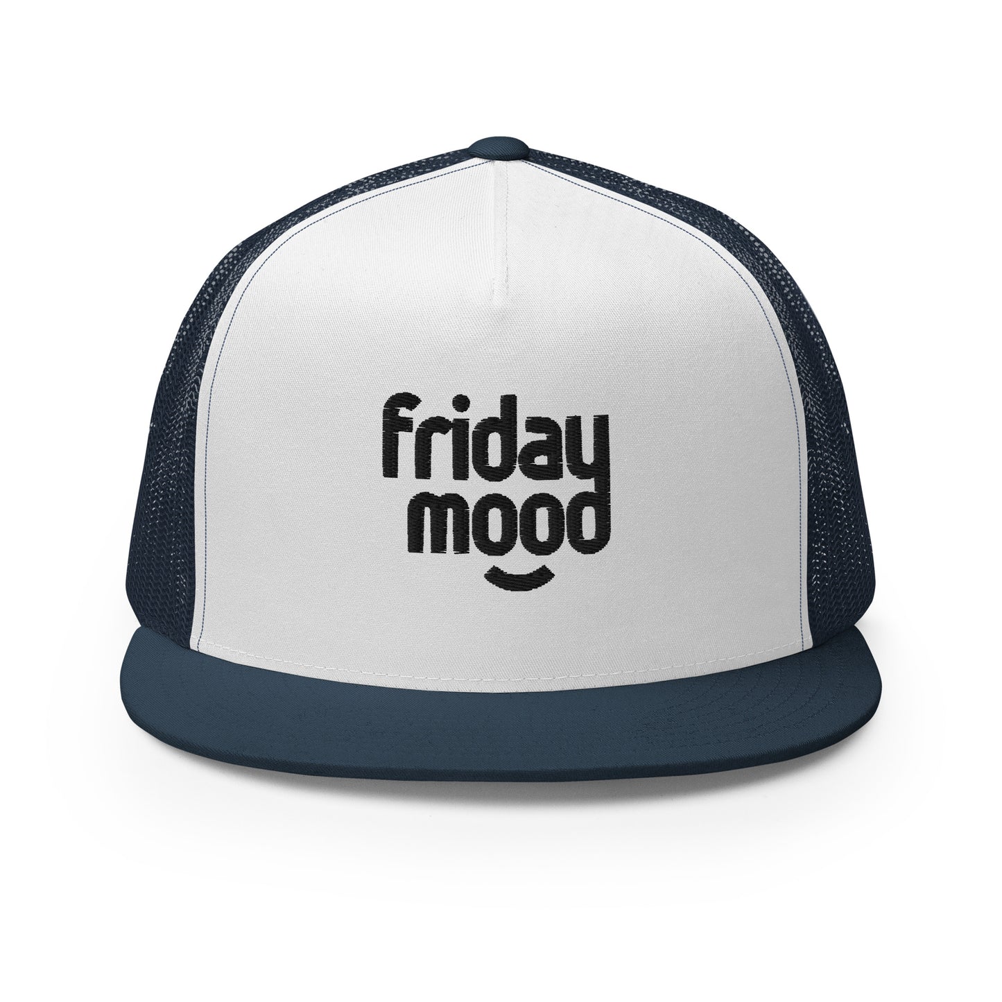 A white and navy blue 5-panel trucker cap with a subtle "friday mood" phrase on the front panel, featuring a comfortable mesh back and a stylish flat bill, designed for those who love to express their laid-back weekend vibe.