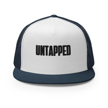 A sophisticated white and navy blue 5-panel trucker cap with embossed "UNTAPPED" lettering on the front, featuring a mesh back for breathability and an adjustable snapback closure for the perfect fit.