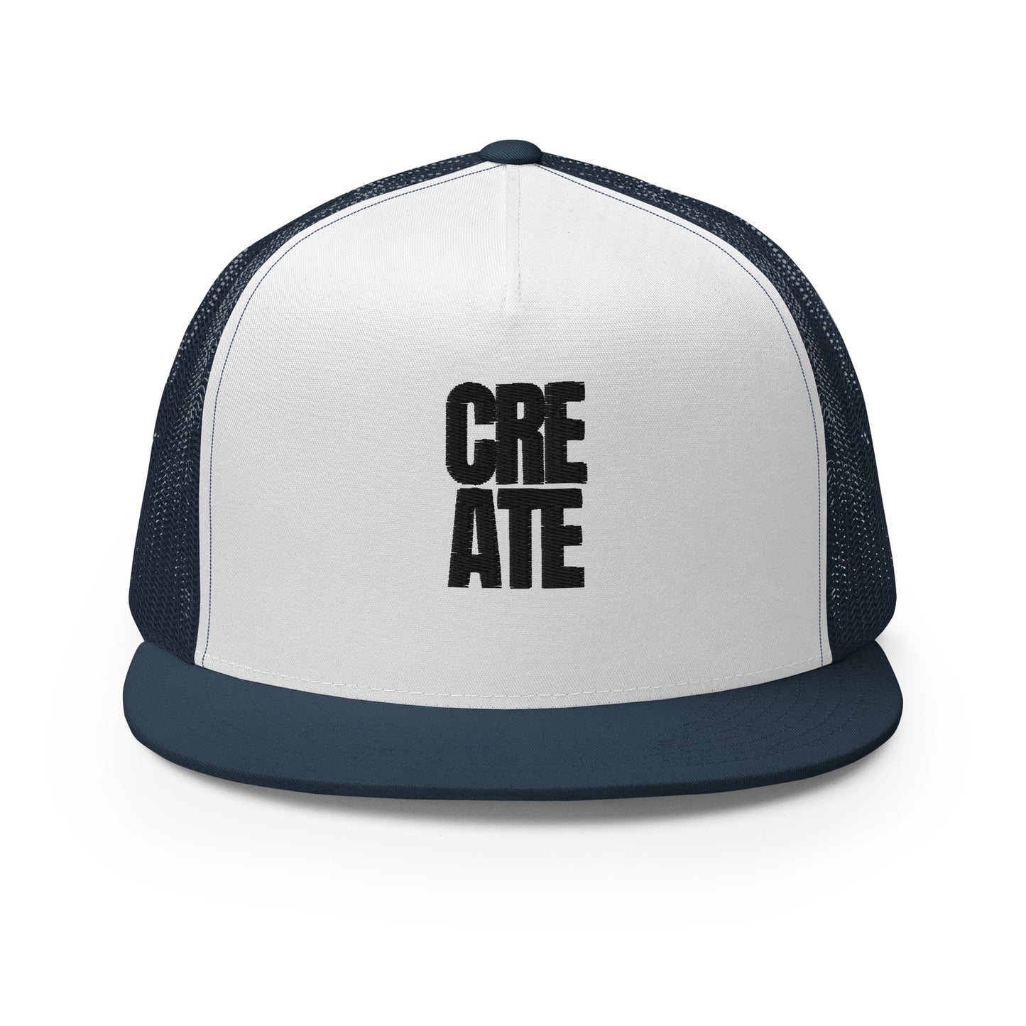 A stylish white and navy blue 5-panel trucker cap with the word "CREATE" boldly displayed on the front, featuring a mesh back for ventilation and an adjustable snapback for a personalized fit, designed for the artist in everyone.