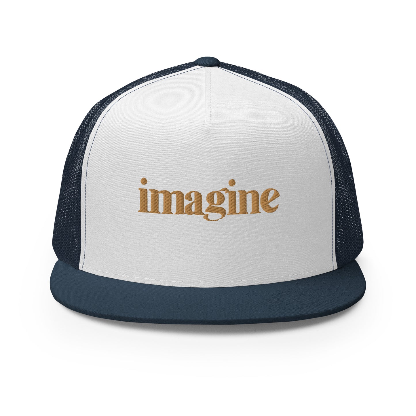 A sleek white and navy blue 5-panel trucker cap with "imagine" elegantly scripted in gold on the front, featuring a breathable mesh back and a customizable snapback closure, perfect for creatives and thinkers alike.