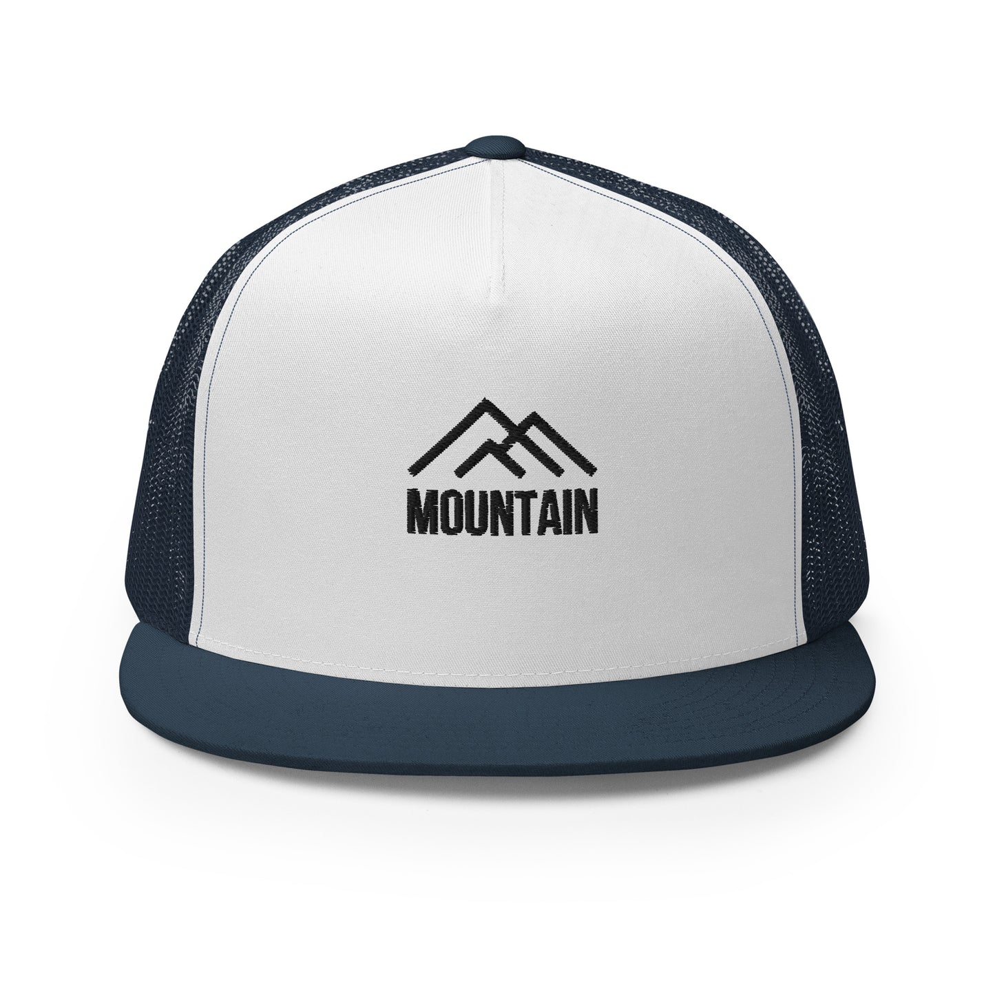 A dark white and blue 5-panel trucker cap featuring a subtle mountain silhouette with the word "MOUNTAIN" below it, complete with a mesh back and an adjustable snapback, perfect for outdoor enthusiasts and adventurers.