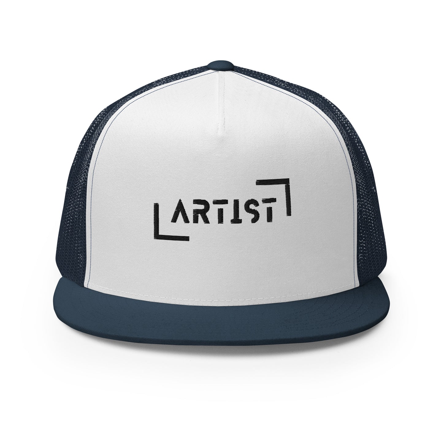 A sophisticated white and navy blue 5-panel trucker cap with the word "ARTIST" embossed on the front, featuring a mesh back and an adjustable snapback closure, ideal for artists and creative minds who love to showcase their identity.