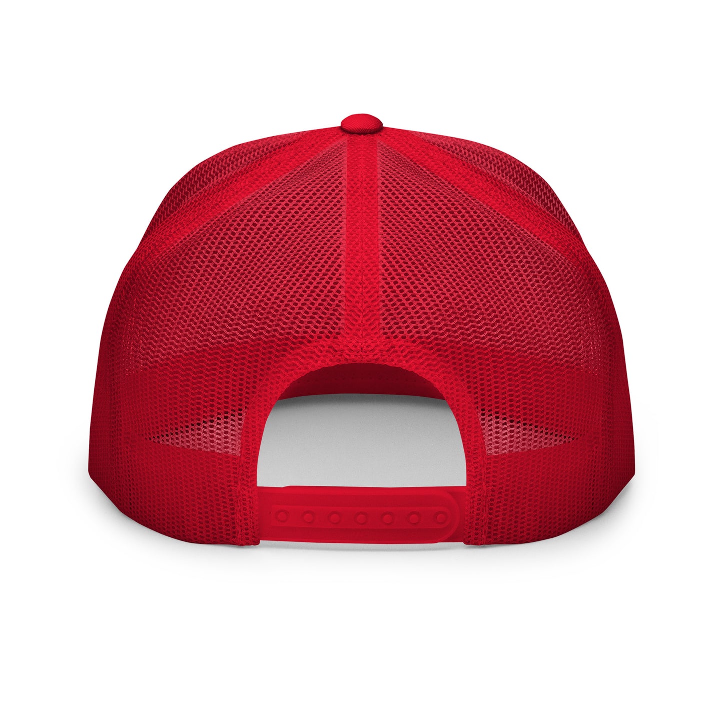 The back view of a red mesh trucker cap with an adjustable snapback closure, showcasing its breathable design and sturdy structure, ideal for a comfortable and secure fit.