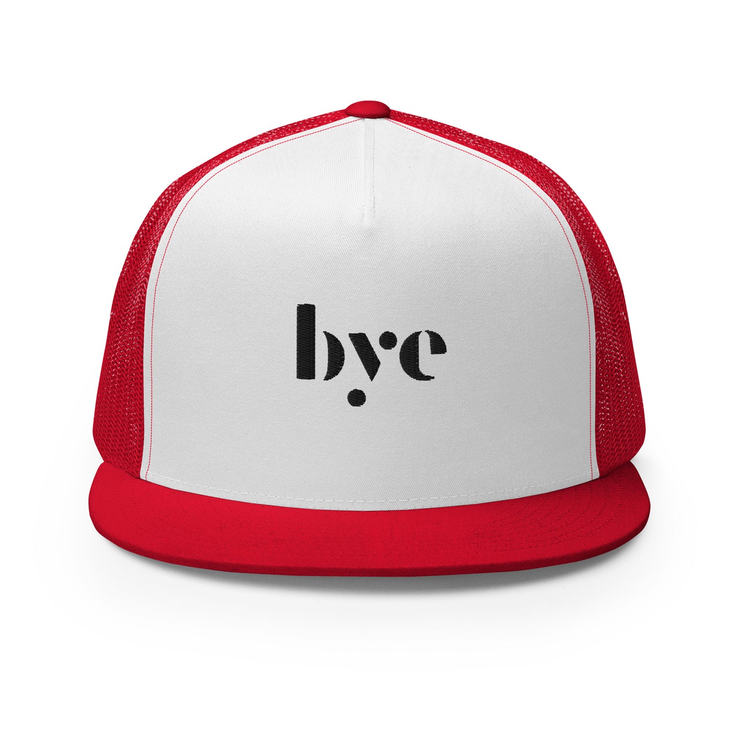 A white and red snapback hat featuring a mesh back for breathability and a solid front panel with the lowercase letters "b.y.o" stylized and embroidered in a dark, contrasting shade. The cap has a flat brim and appears to be adjustable, suitable for a casual, stylish look.