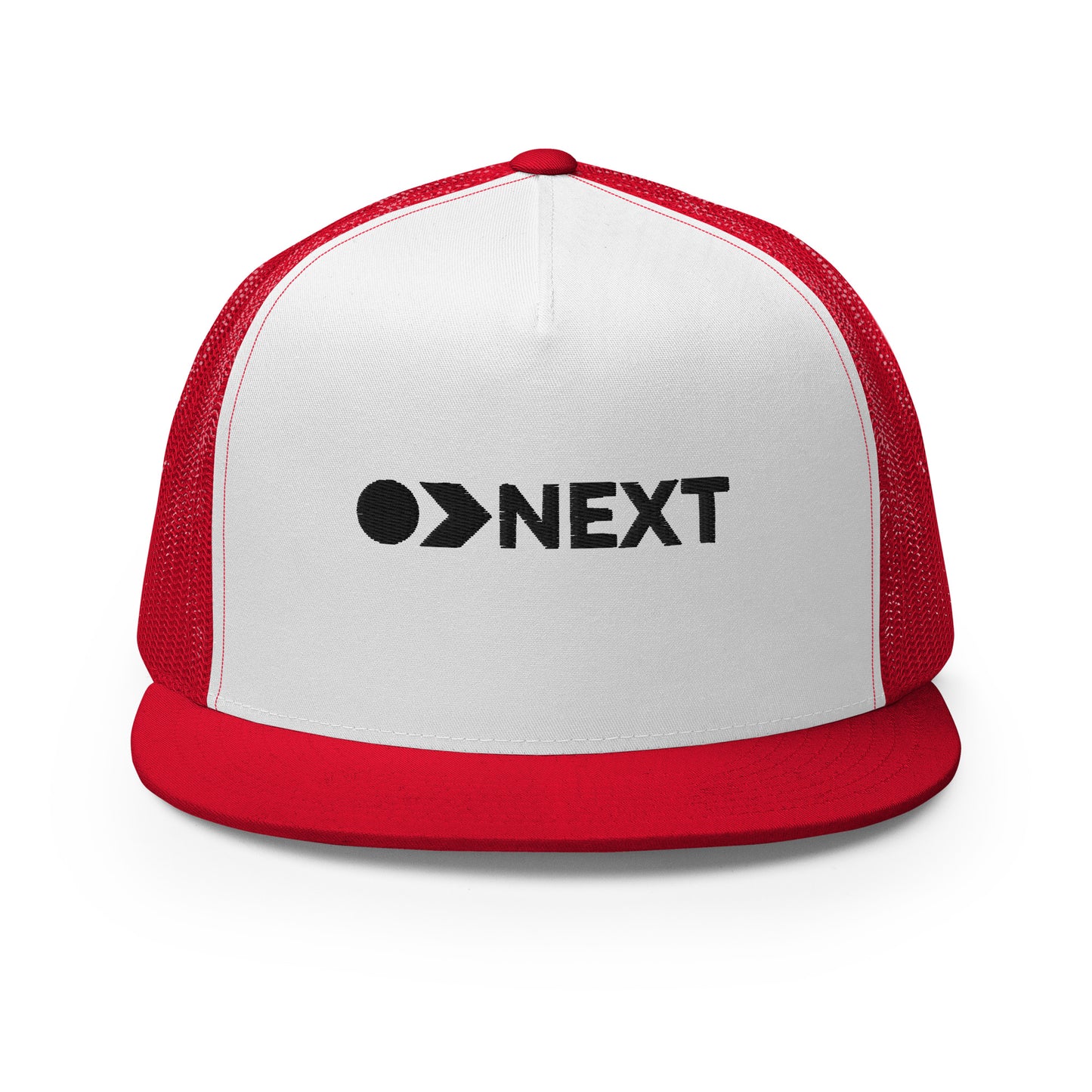 A white and red 5-panel trucker cap with a dark, embossed "NEXT" logo on the front, featuring a breathable mesh back and a flat bill, designed for trendsetters and go-getters.