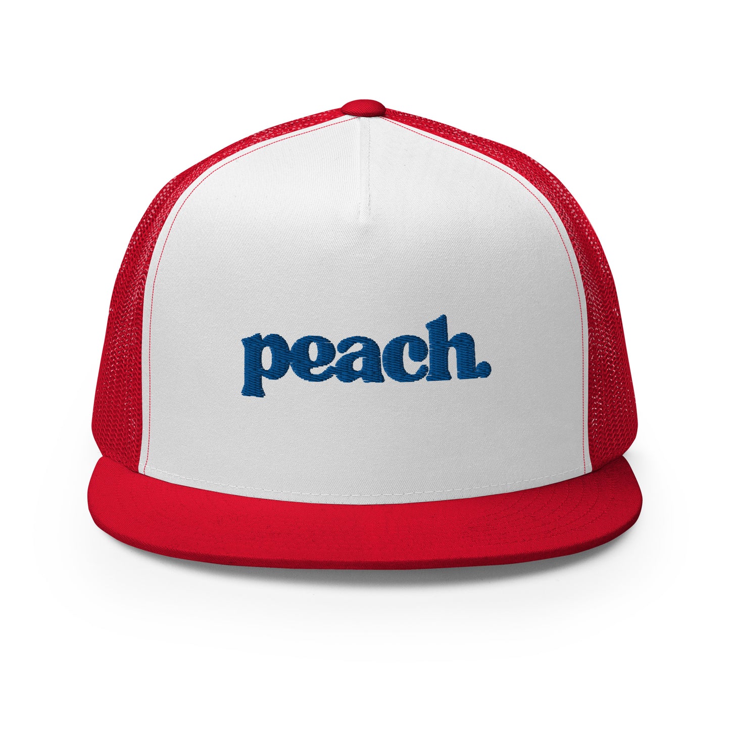 A white and red 5-panel trucker cap with "peach" written in striking blue script across the front, featuring breathable mesh backing and a classic snapback closure.