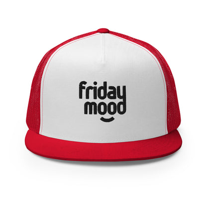 A white and red 5-panel trucker cap with a subtle "friday mood" phrase on the front panel, featuring a comfortable mesh back and a stylish flat bill, designed for those who love to express their laid-back weekend vibe.