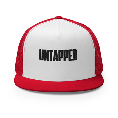 A sophisticated white and red 5-panel trucker cap with embossed "UNTAPPED" lettering on the front, featuring a mesh back for breathability and an adjustable snapback closure for the perfect fit.