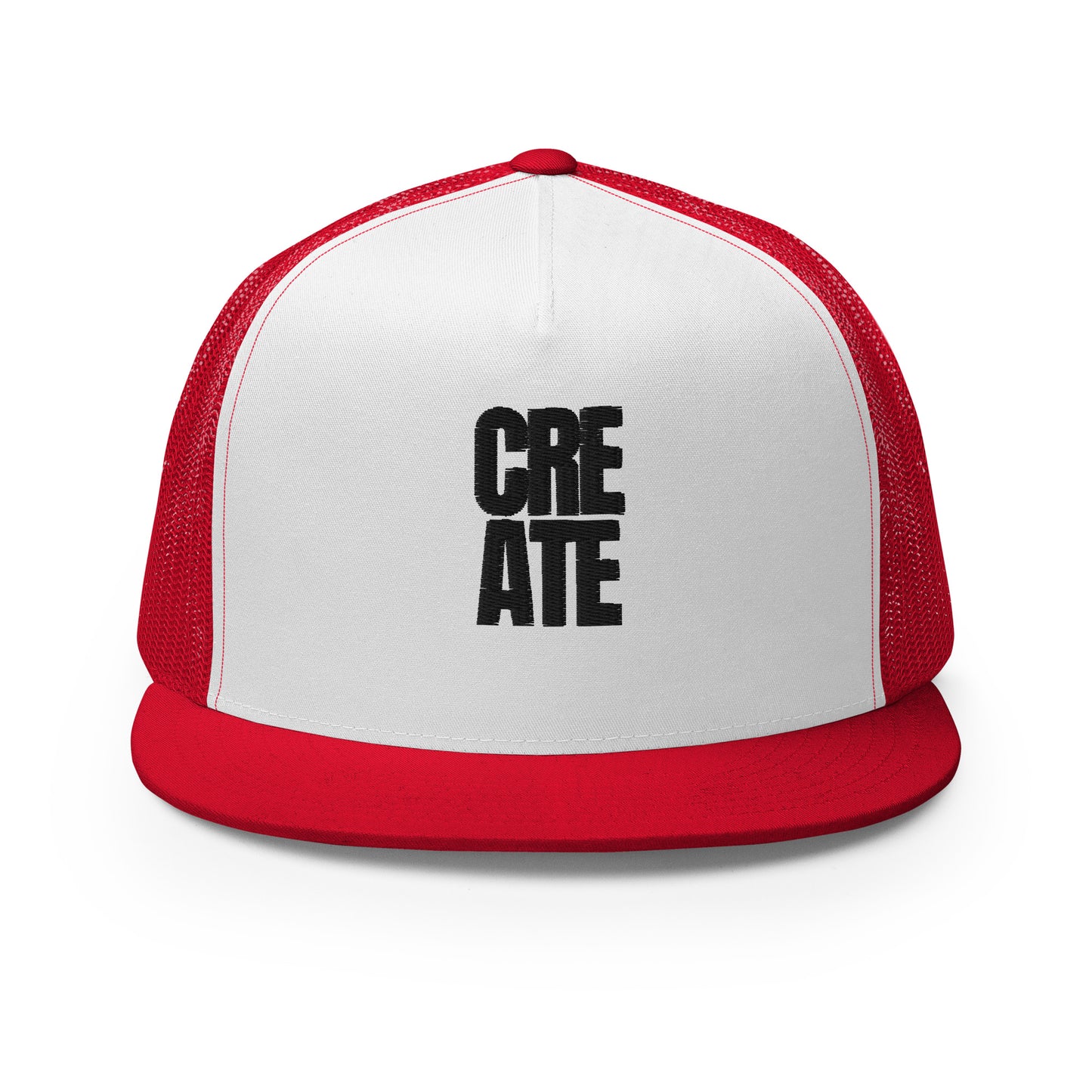 A stylish white and red 5-panel trucker cap with the word "CREATE" boldly displayed on the front, featuring a mesh back for ventilation and an adjustable snapback for a personalized fit, designed for the artist in everyone.