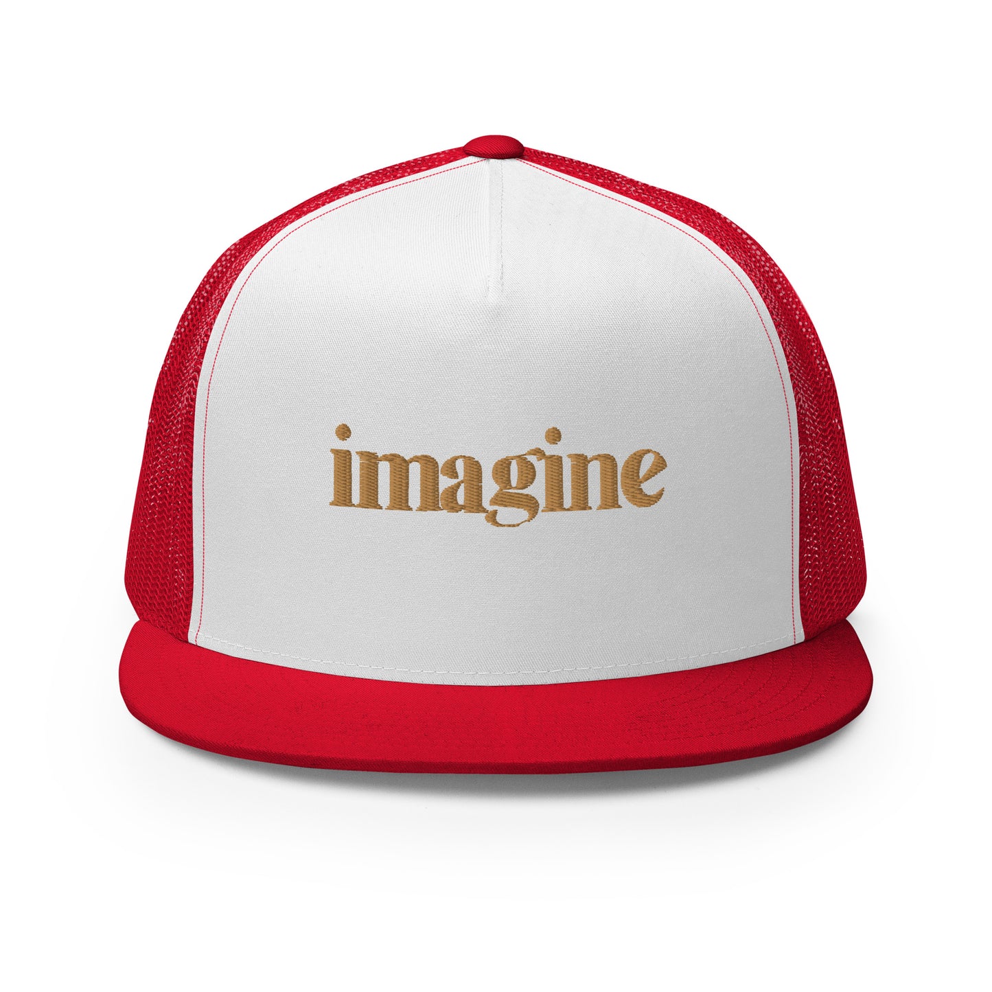 A sleek white and red 5-panel trucker cap with "imagine" elegantly scripted in gold on the front, featuring a breathable mesh back and a customizable snapback closure, perfect for creatives and thinkers alike.