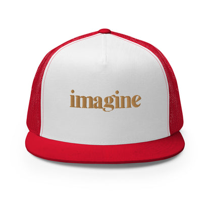 A sleek white and red 5-panel trucker cap with "imagine" elegantly scripted in gold on the front, featuring a breathable mesh back and a customizable snapback closure, perfect for creatives and thinkers alike.