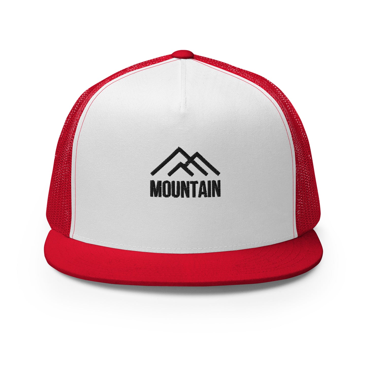 A dark white and red 5-panel trucker cap featuring a subtle mountain silhouette with the word "MOUNTAIN" below it, complete with a mesh back and an adjustable snapback, perfect for outdoor enthusiasts and adventurers.