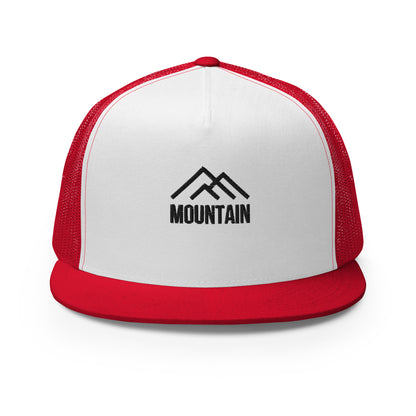 A dark white and red 5-panel trucker cap featuring a subtle mountain silhouette with the word "MOUNTAIN" below it, complete with a mesh back and an adjustable snapback, perfect for outdoor enthusiasts and adventurers.