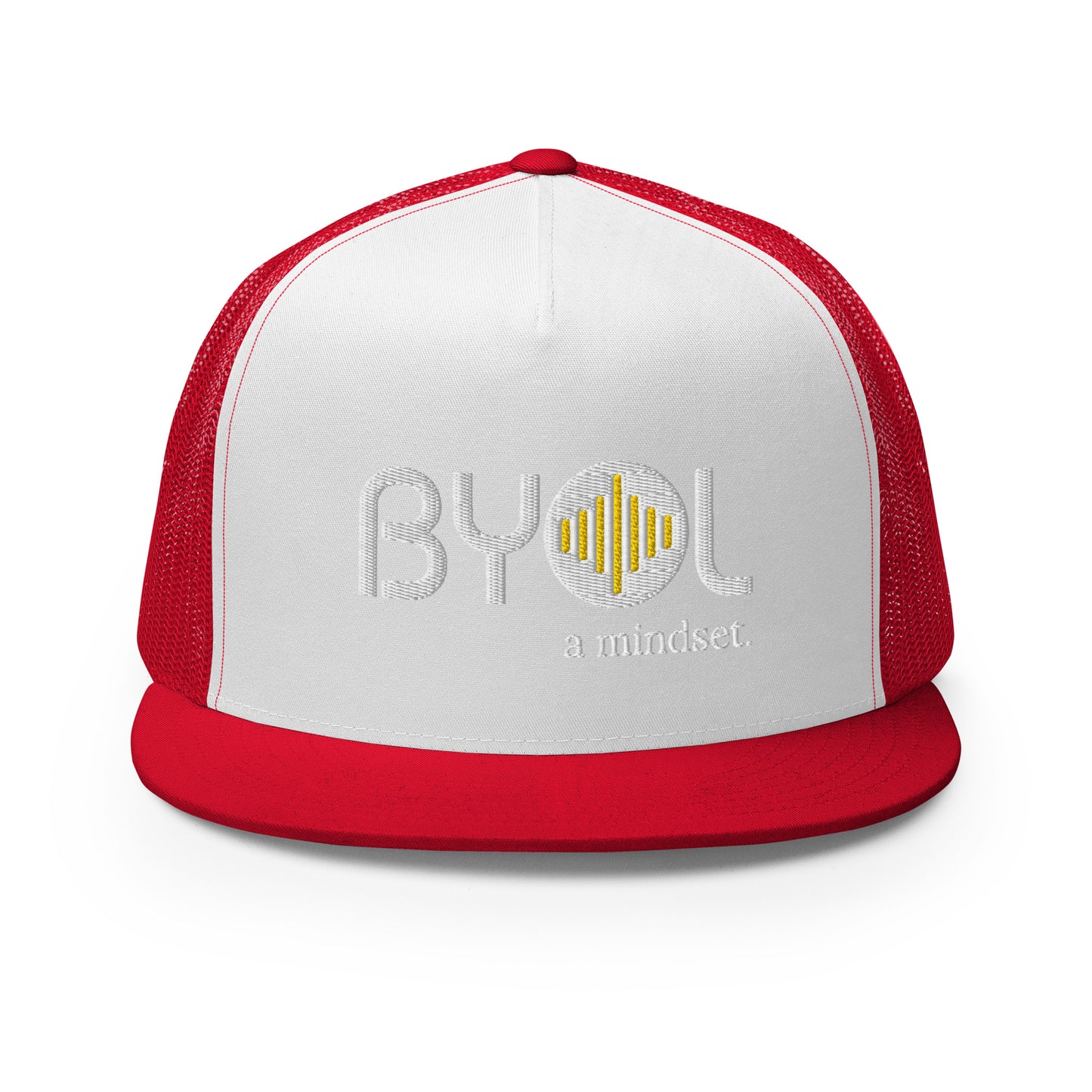 White and red 5-panel trucker hat with "BYOL a mindset" embroidered on the front in white and yellow, displayed against a clean background. Available in various colors: gray, maroon, white and blue, blue, and teal.