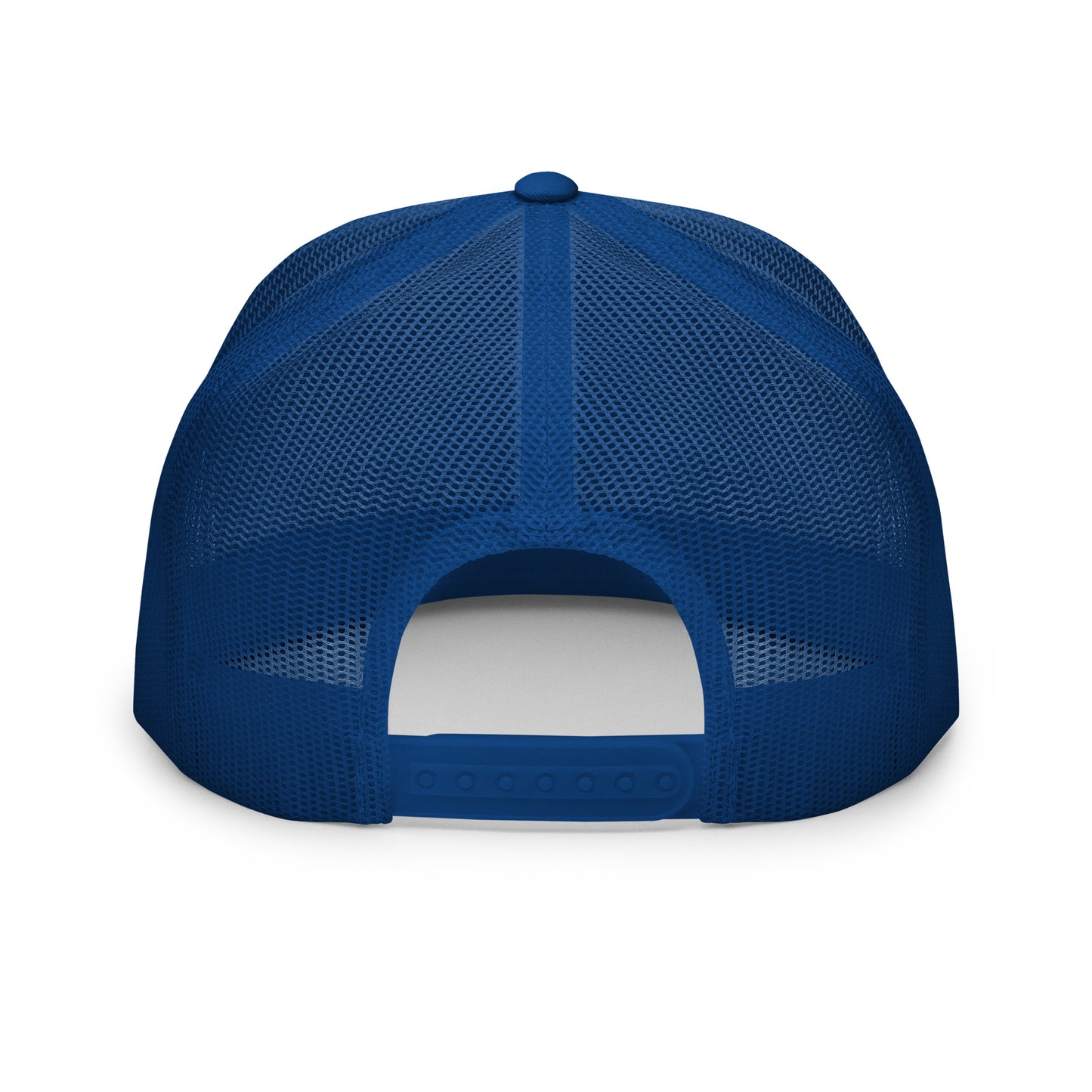 The back view of a royal blue mesh trucker cap with an adjustable snapback closure, showcasing its breathable design and sturdy structure, ideal for a comfortable and secure fit.