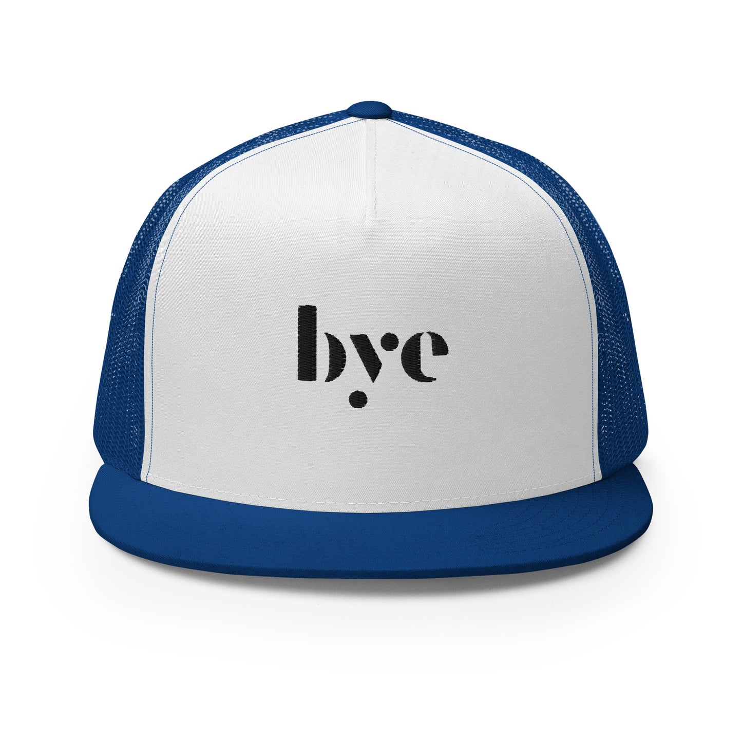 A white and royal blue snapback hat featuring a mesh back for breathability and a solid front panel with the lowercase letters "b.y.o" stylized and embroidered in a dark, contrasting shade. The cap has a flat brim and appears to be adjustable, suitable for a casual, stylish look.