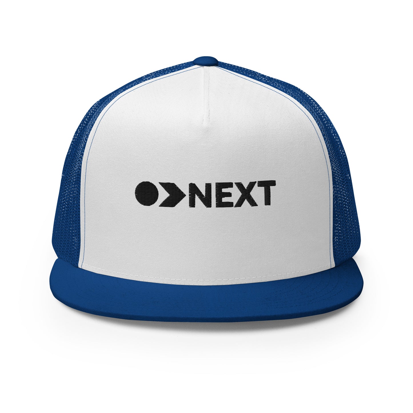 A white and royal blue 5-panel trucker cap with a dark, embossed "NEXT" logo on the front, featuring a breathable mesh back and a flat bill, designed for trendsetters and go-getters.