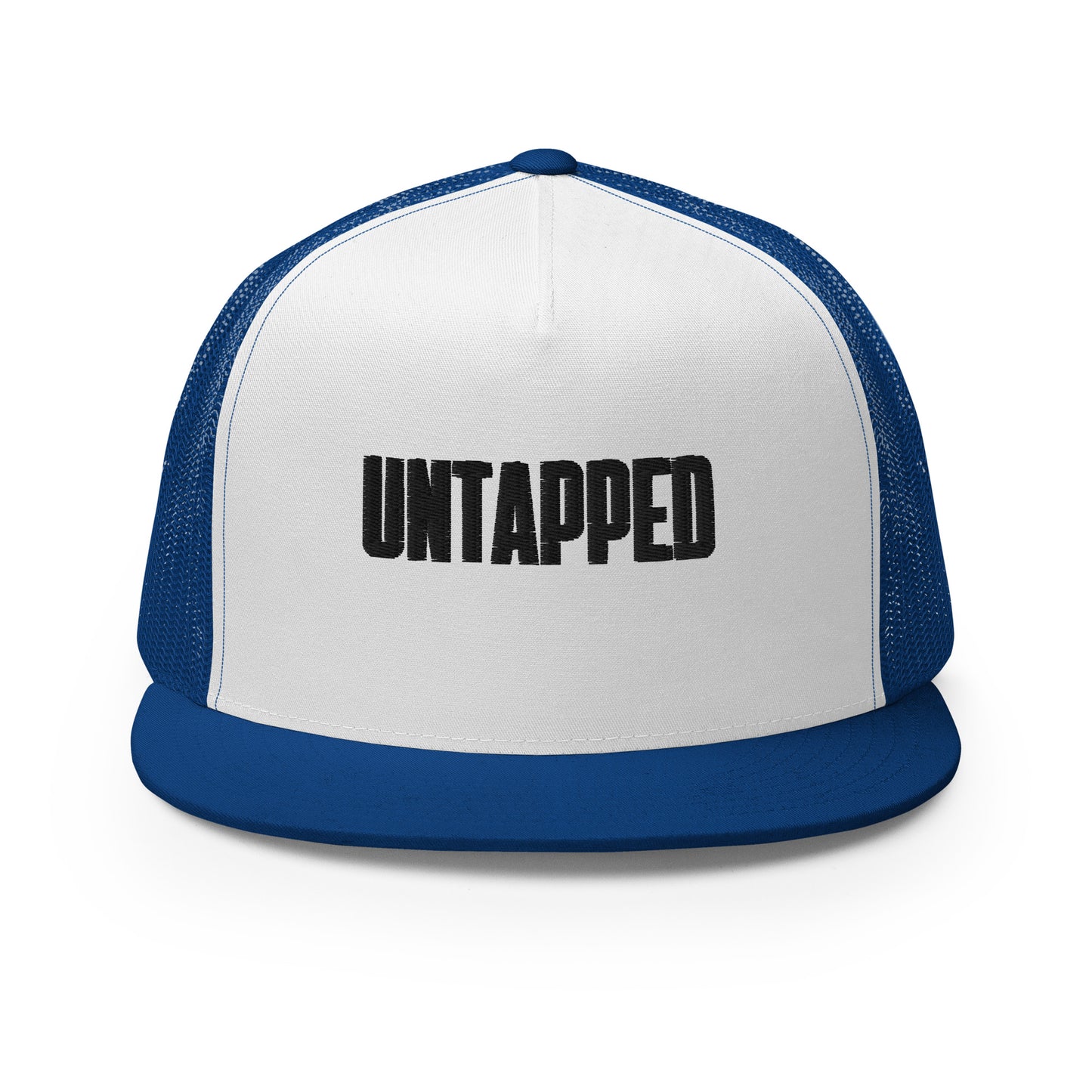 A sophisticated white and royal blue 5-panel trucker cap with embossed "UNTAPPED" lettering on the front, featuring a mesh back for breathability and an adjustable snapback closure for the perfect fit.