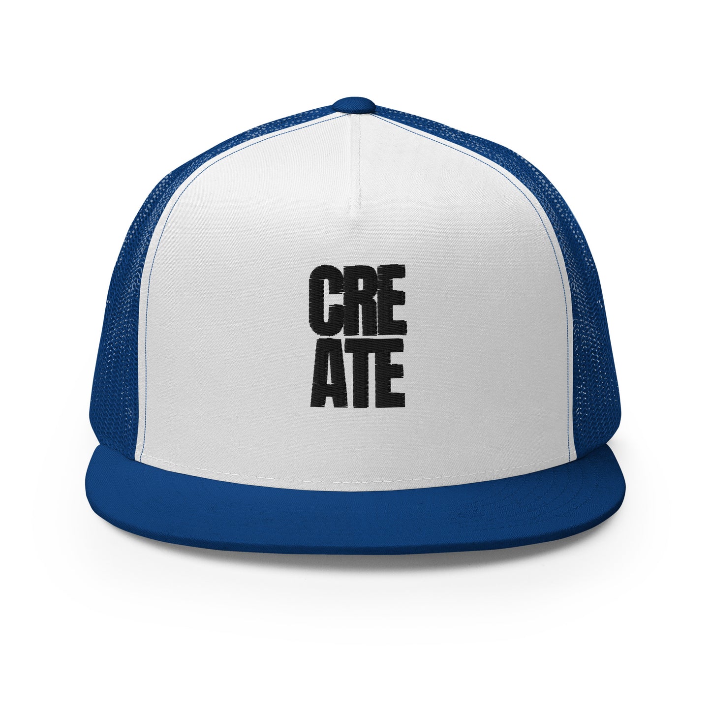 A stylish white and royal blue 5-panel trucker cap with the word "CREATE" boldly displayed on the front, featuring a mesh back for ventilation and an adjustable snapback for a personalized fit, designed for the artist in everyone.