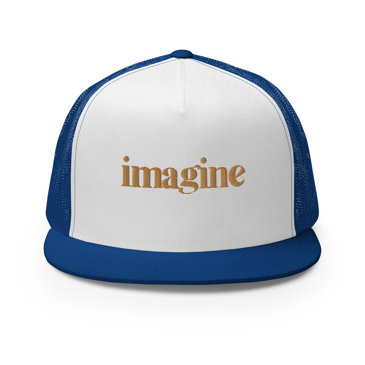 A sleek white and blue 5-panel trucker cap with "imagine" elegantly scripted in gold on the front, featuring a breathable mesh back and a customizable snapback closure, perfect for creatives and thinkers alike.