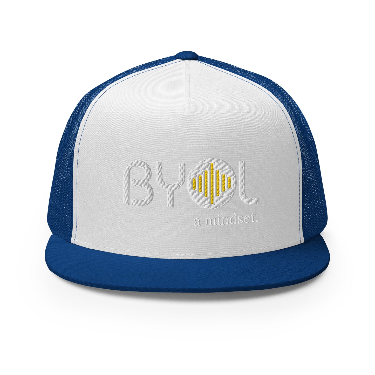 White and royal blue 5-panel trucker hat with "BYOL a mindset" embroidered on the front in white and yellow, displayed against a clean background. Available in various colors: gray, maroon, white and blue, blue, and teal.