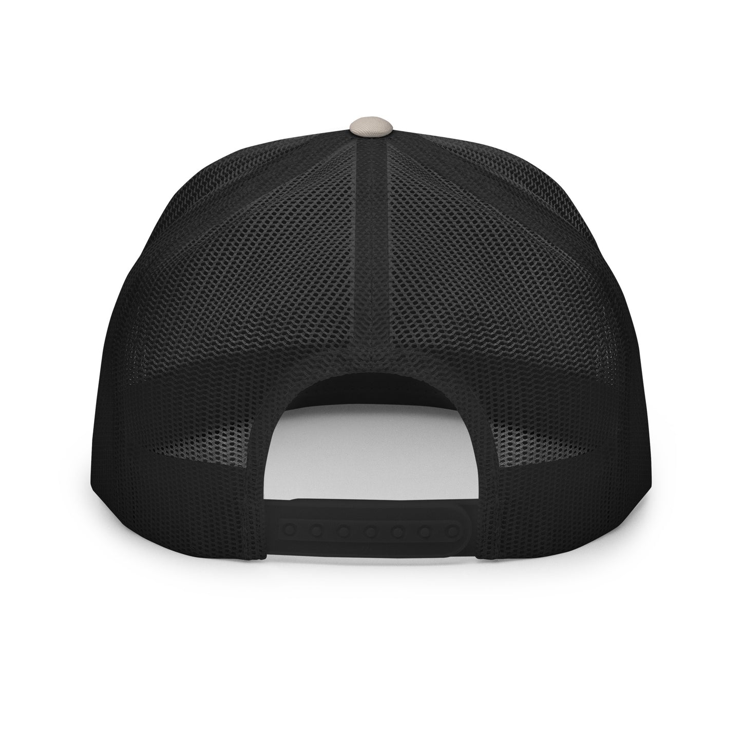 The back view of a black mesh trucker cap with an adjustable snapback closure, showcasing its breathable design and sturdy structure, ideal for a comfortable and secure fit.