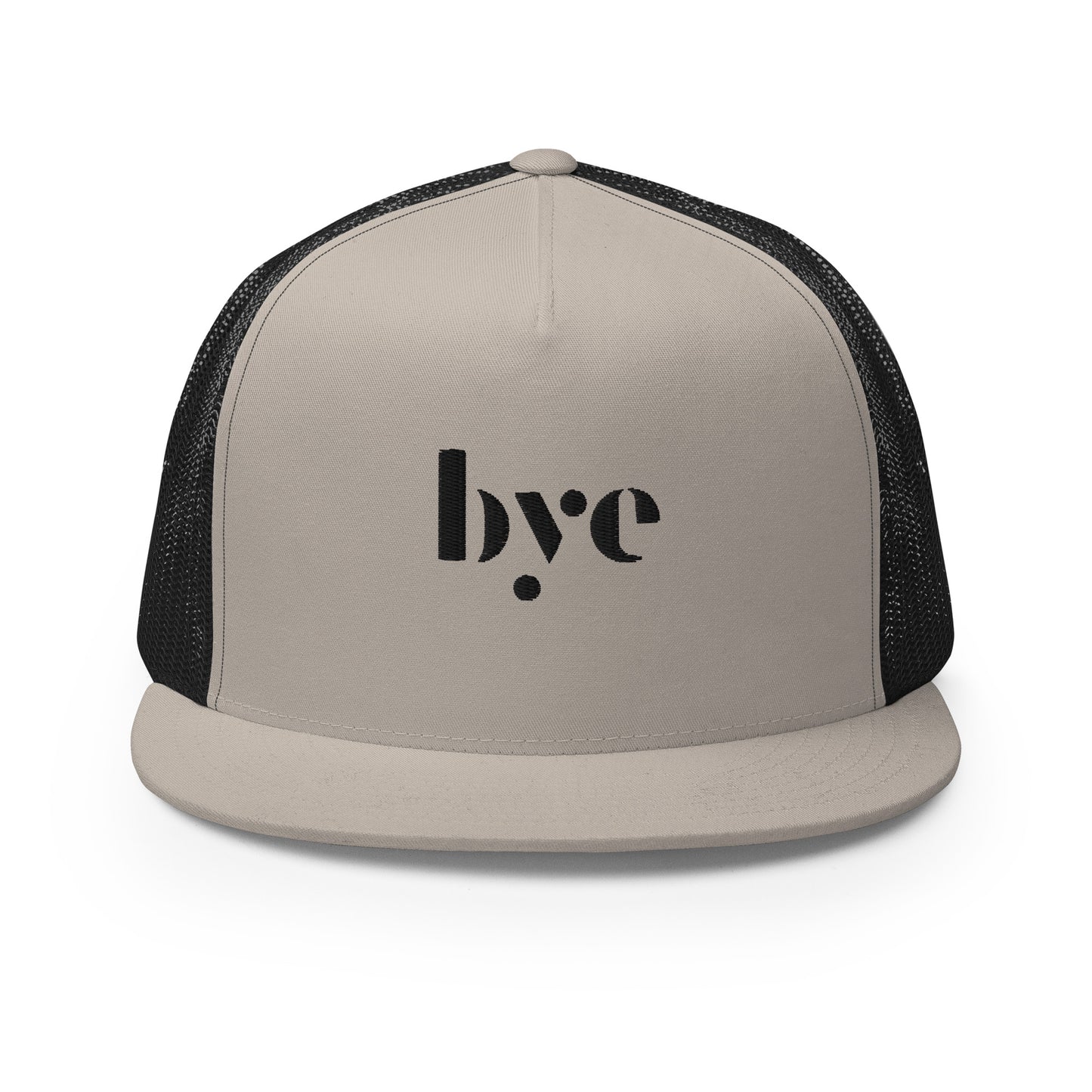 A khaki and black snapback hat featuring a mesh back for breathability and a solid front panel with the lowercase letters "b.y.o" stylized and embroidered in a dark, contrasting shade. The cap has a flat brim and appears to be adjustable, suitable for a casual, stylish look.