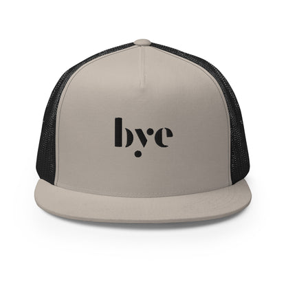 A khaki and black snapback hat featuring a mesh back for breathability and a solid front panel with the lowercase letters "b.y.o" stylized and embroidered in a dark, contrasting shade. The cap has a flat brim and appears to be adjustable, suitable for a casual, stylish look.