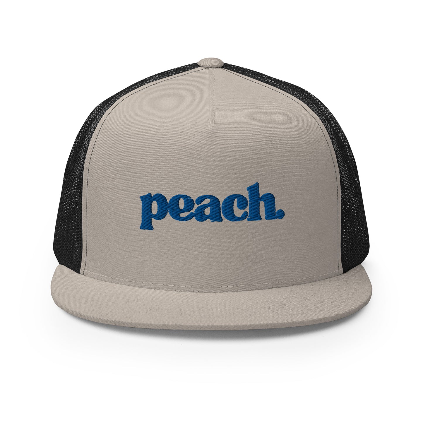 A khaki and black 5-panel trucker cap with "peach" written in striking blue script across the front, featuring breathable mesh backing and a classic snapback closure.